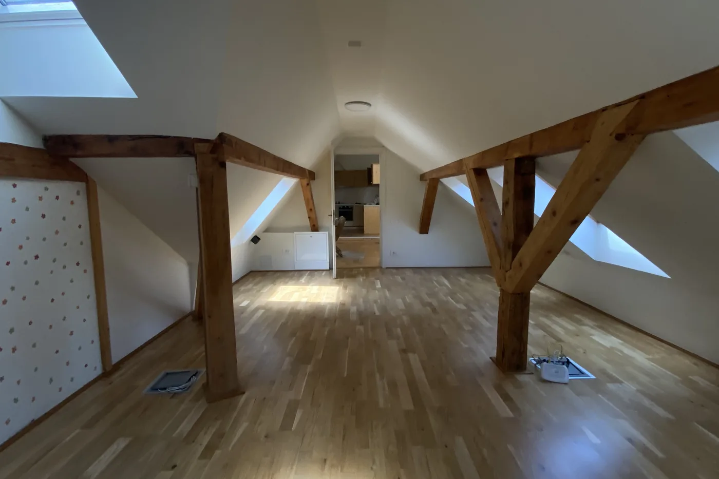 The open living area of apartment 9, under the exposed roof trusses