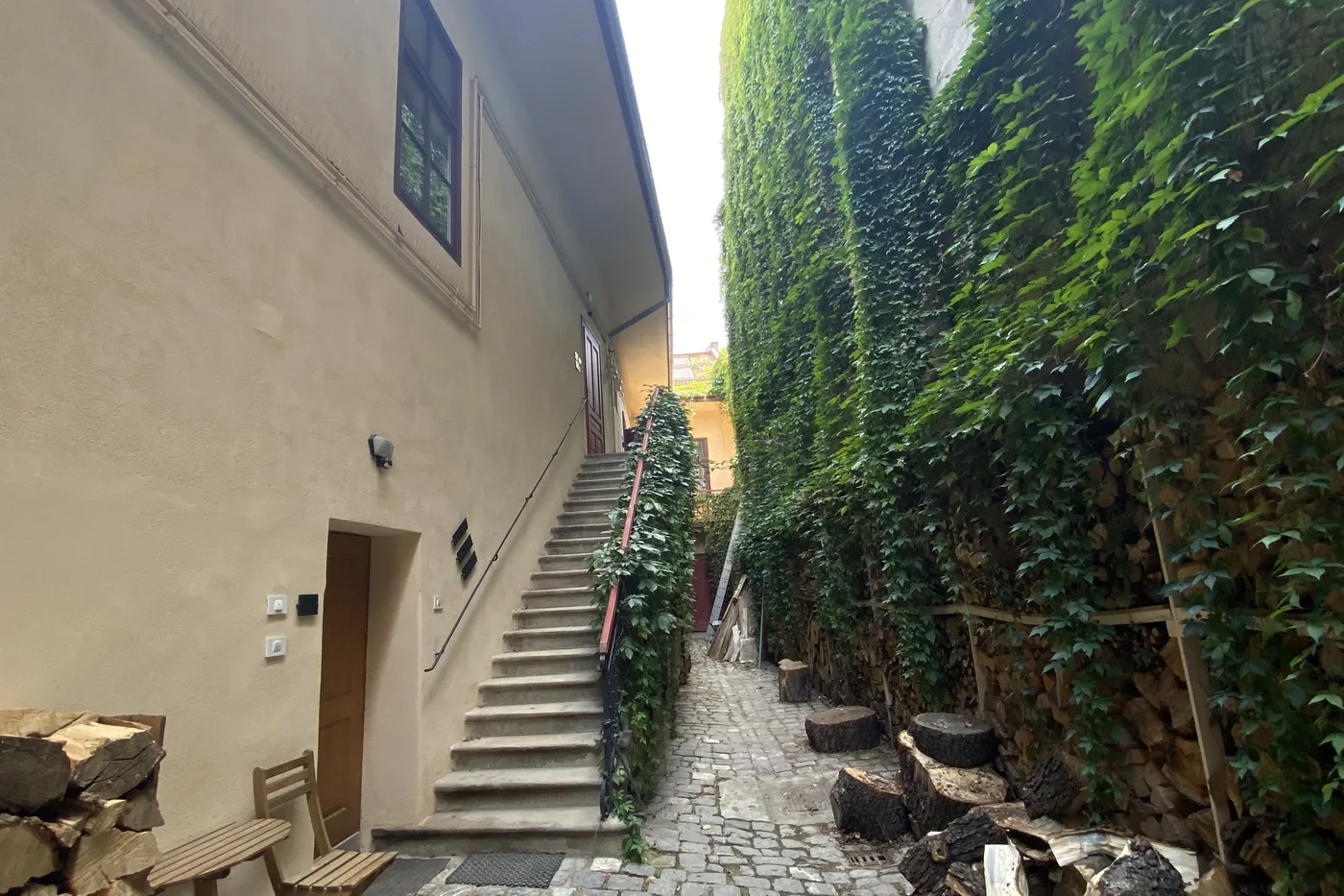 The inner courtyard with its stone stair and ivy-covered wall