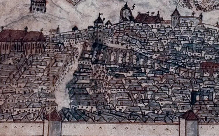 Cetatea Brașovului în 1750. Pe lotul de astăzi se aflau încă două case medievale.